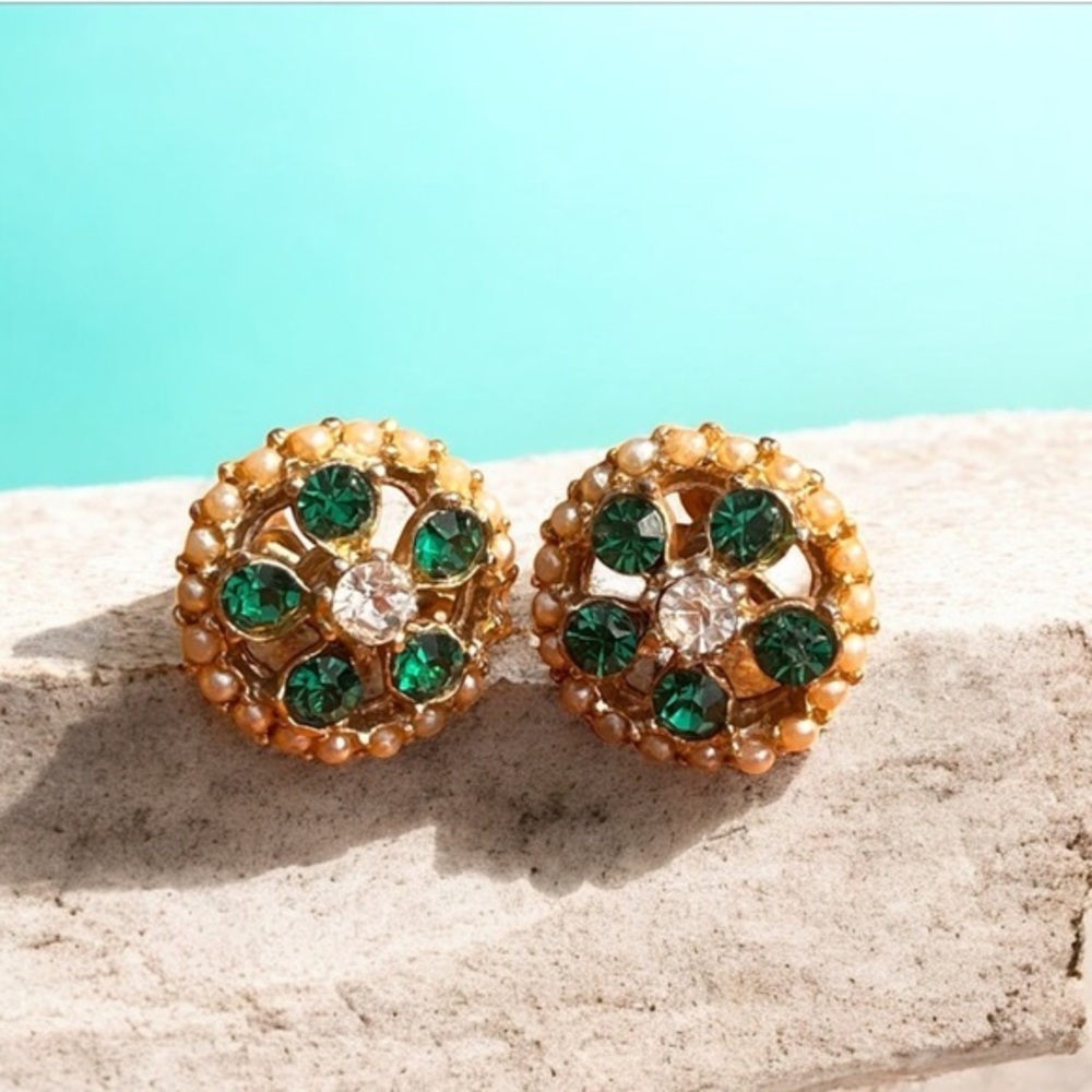 Vintage round emerald green and pearls earrings Victorian revival earrings